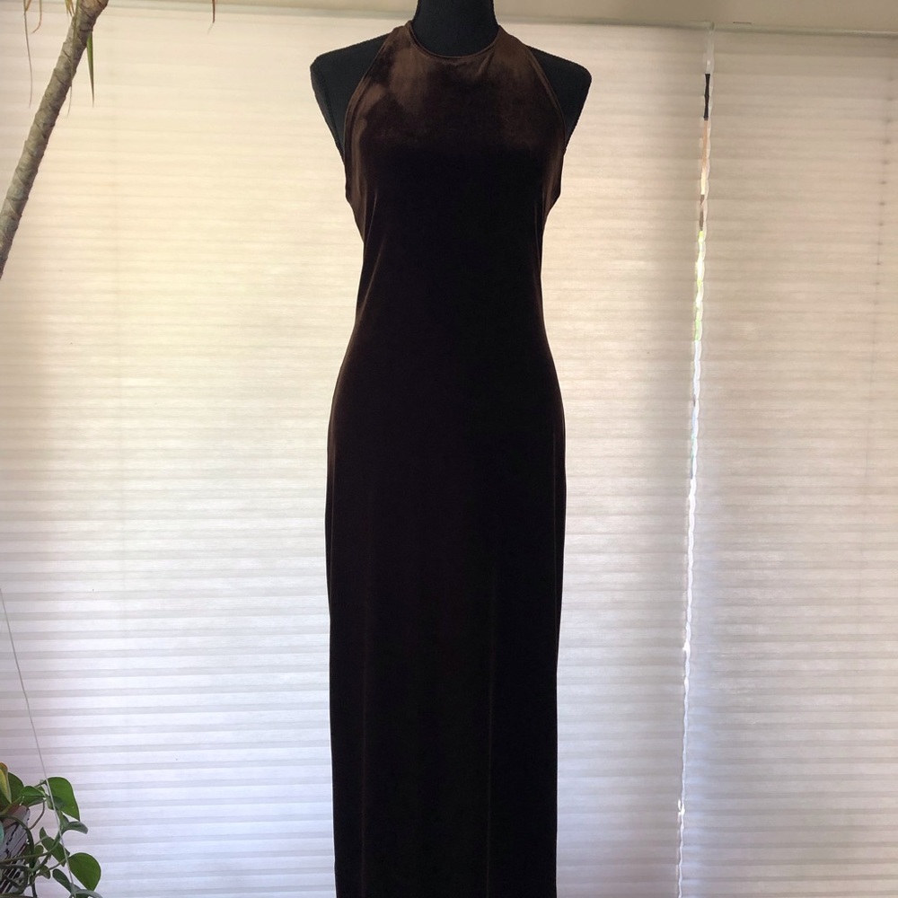Sleek chocolate velvet, never worn, long evening dress. Yummy!
